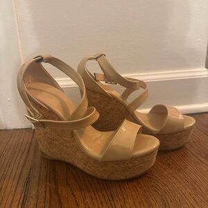 Jimmy Choo Nude Patent Cork Wedge Sandals with Ankle Strap